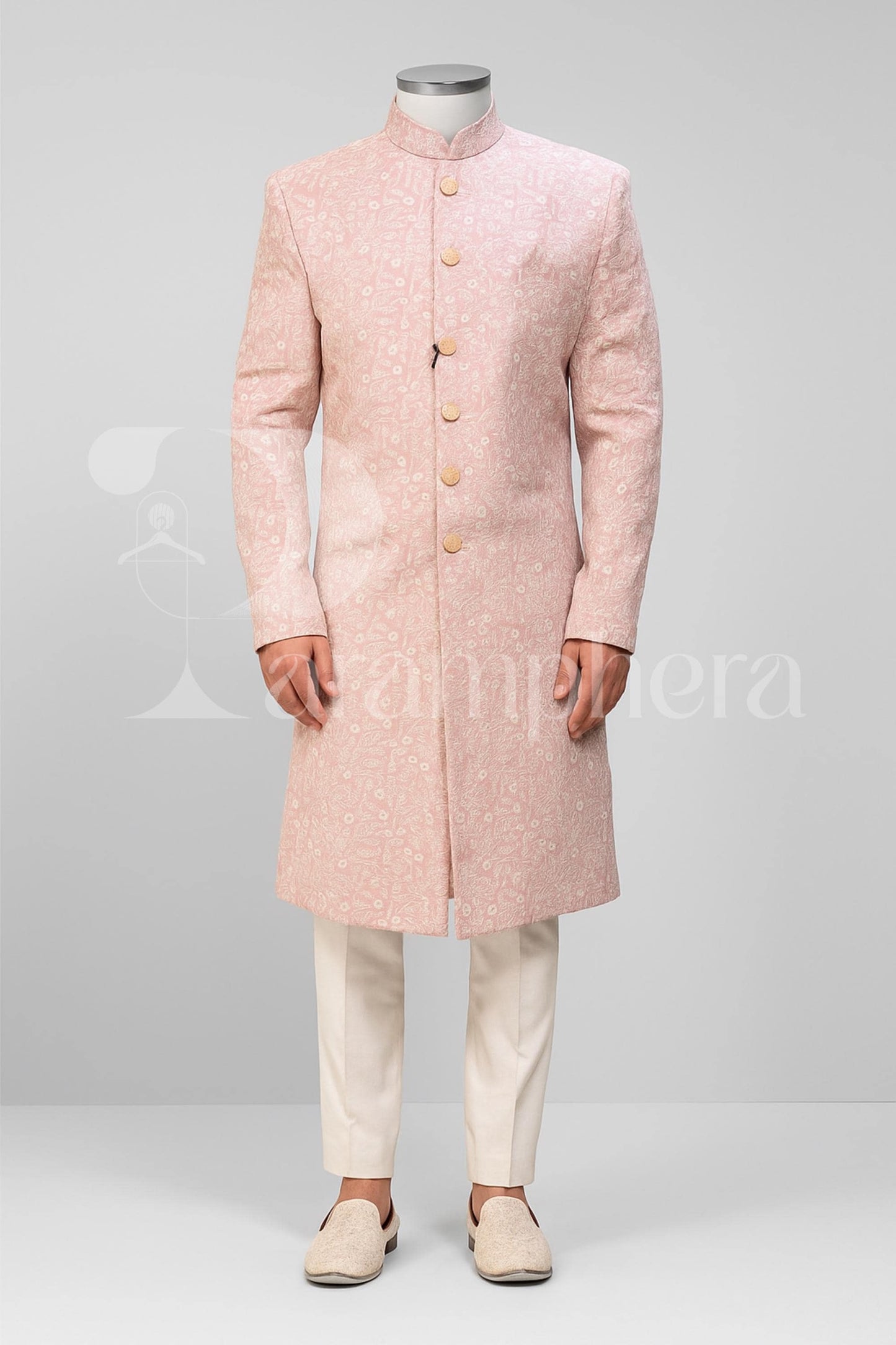 Pastel Pink Embroidered Sherwani for Men | Indian Wedding Groom Wear | Formal Ethnic Sherwani with Churidar Pants