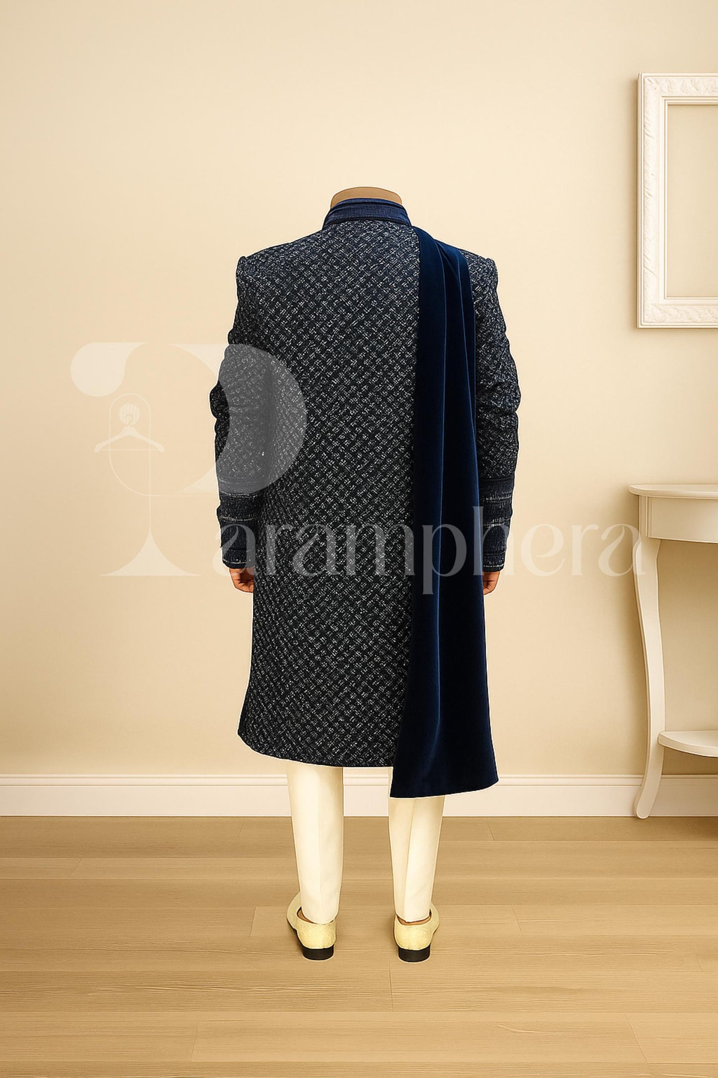 Navy Blue Velvet Sherwani for Men with Embroidery | Indian Wedding Outfit | Groom Ethnic Wear | Off White Bottom Set