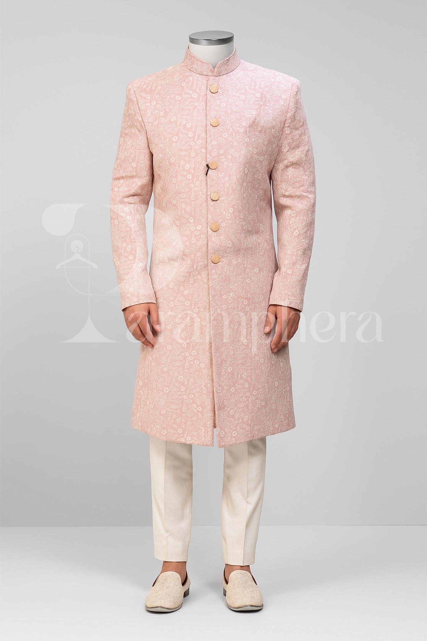 Pastel Pink Embroidered Sherwani for Men | Indian Wedding Groom Wear | Formal Ethnic Sherwani with Churidar Pants