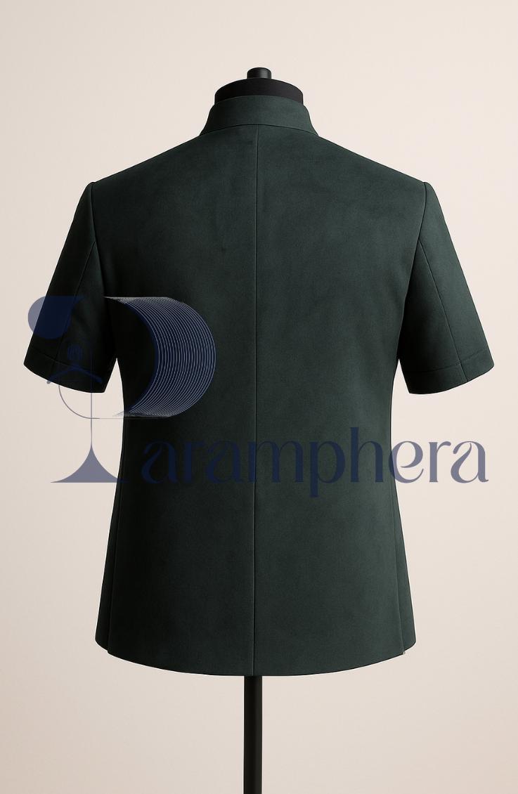 Luxury Men’s Velvet Short Coat with Zardozi Embroidery | Green Ethnic Nehru Coat | Indian Wedding & Festive Wear