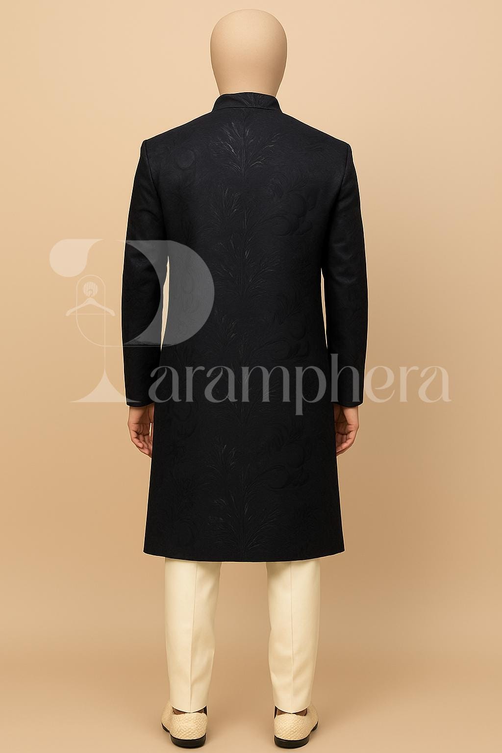 Men’s Dark Blue Indo Western Sherwani | Floral Jacquard Ethnic Long Coat | Indian Wedding Groom Outfit for Reception, Sangeet