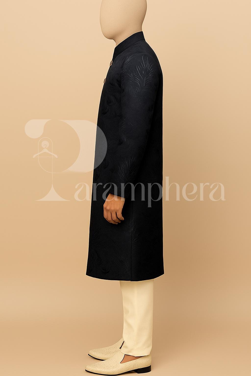 Men’s Dark Blue Indo Western Sherwani | Floral Jacquard Ethnic Long Coat | Indian Wedding Groom Outfit for Reception, Sangeet