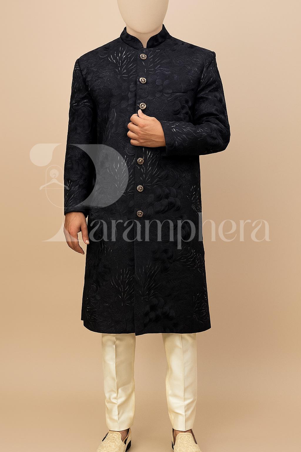 Men’s Dark Blue Indo Western Sherwani | Floral Jacquard Ethnic Long Coat | Indian Wedding Groom Outfit for Reception, Sangeet