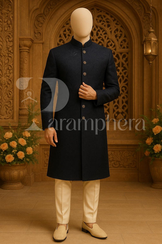 Men’s Dark Blue Indo Western Sherwani | Floral Jacquard Ethnic Long Coat | Indian Wedding Groom Outfit for Reception, Sangeet