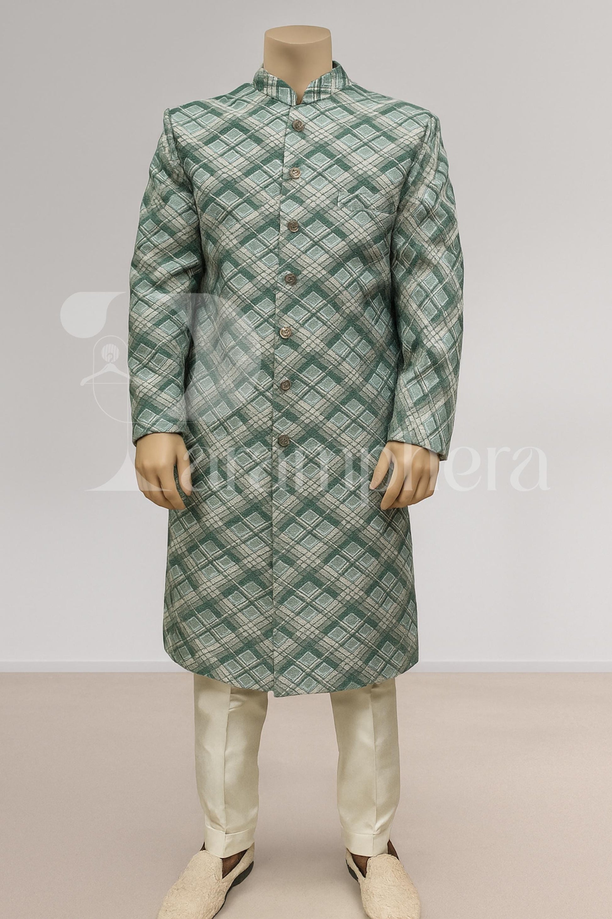 Elegant Green Check Sherwani for Men | Designer Indo Western Ethnic Outfit | Wedding Reception Party Wear