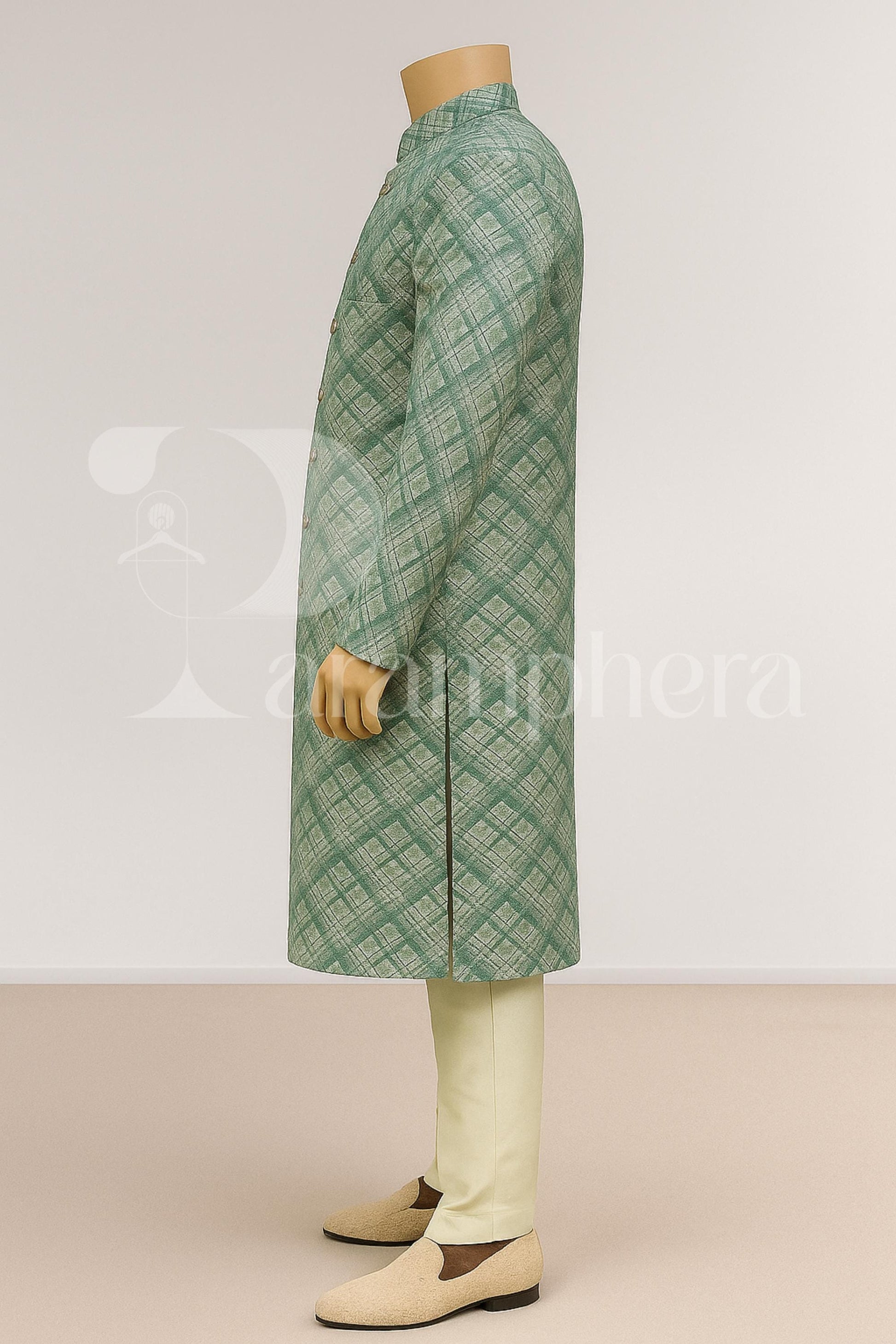 Elegant Green Check Sherwani for Men | Designer Indo Western Ethnic Outfit | Wedding Reception Party Wear