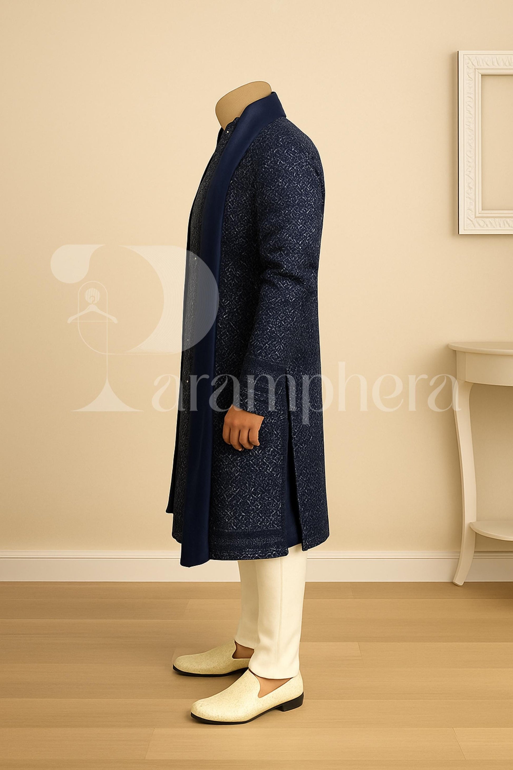 Navy Blue Velvet Sherwani for Men with Embroidery | Indian Wedding Outfit | Groom Ethnic Wear | Off White Bottom Set