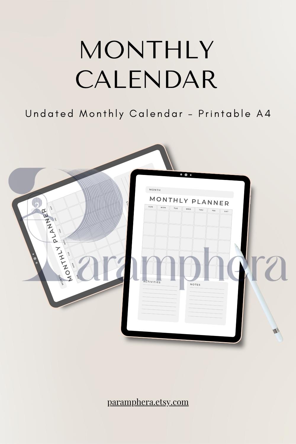 Undated Monthly Calendar Printable – A4 PDF | Minimalist Monthly Planner, Reusable Wall Calendar, Digital Download.