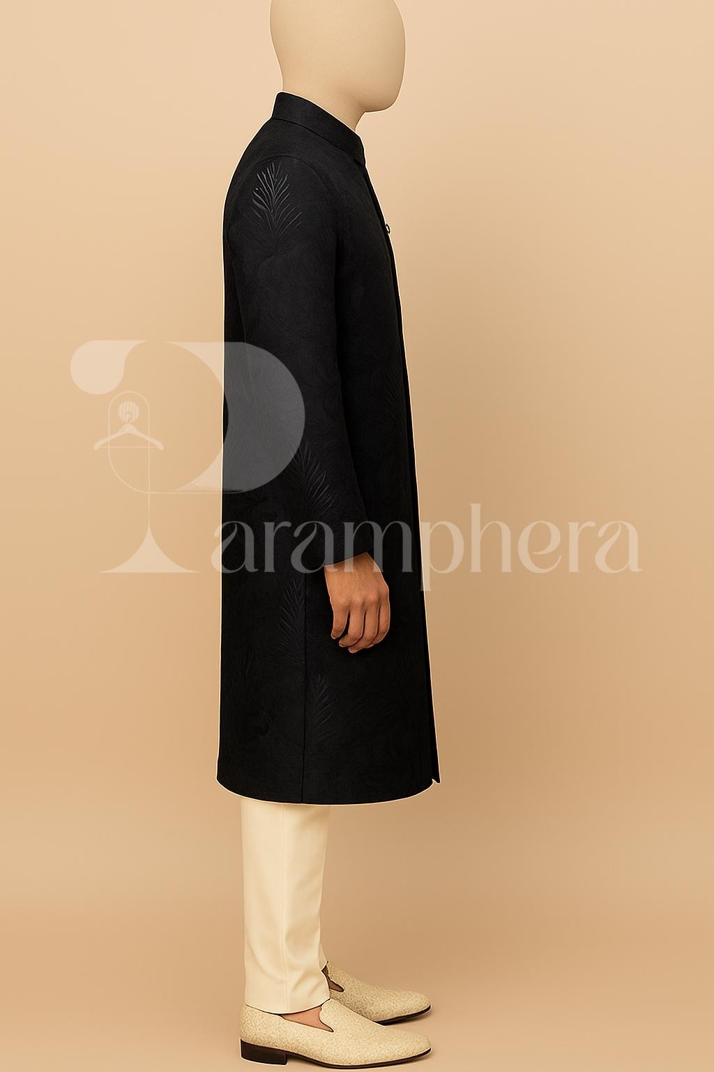 Men’s Dark Blue Indo Western Sherwani | Floral Jacquard Ethnic Long Coat | Indian Wedding Groom Outfit for Reception, Sangeet
