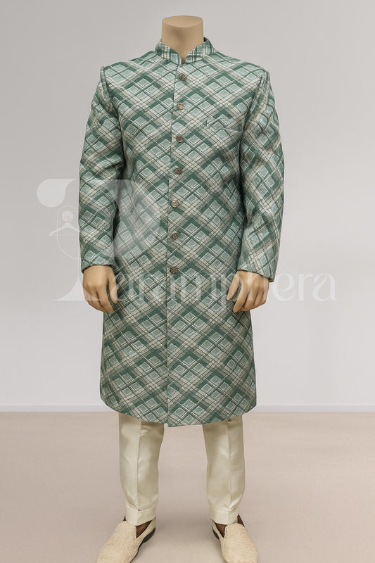 Elegant Green Check Sherwani for Men | Designer Indo Western Ethnic Outfit | Wedding Reception Party Wear