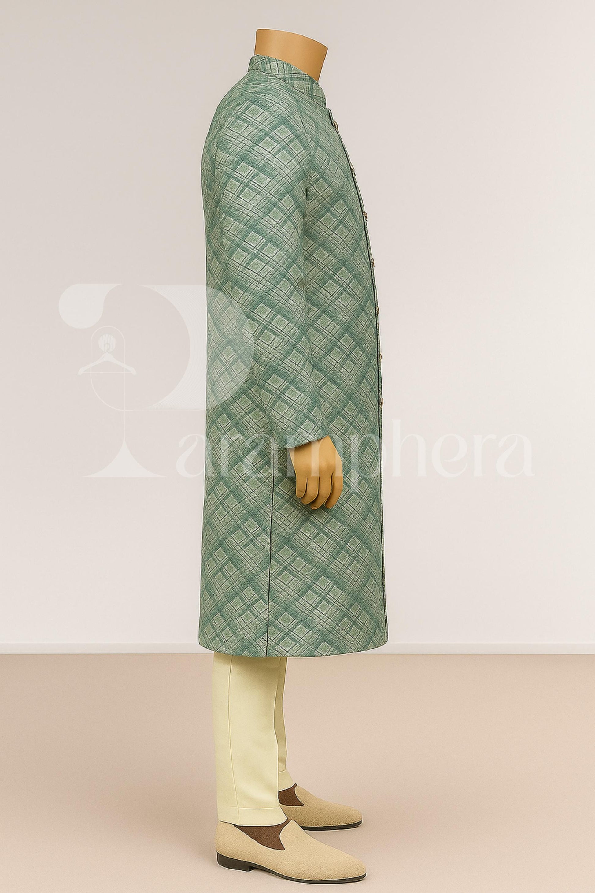 Elegant Green Check Sherwani for Men | Designer Indo Western Ethnic Outfit | Wedding Reception Party Wear