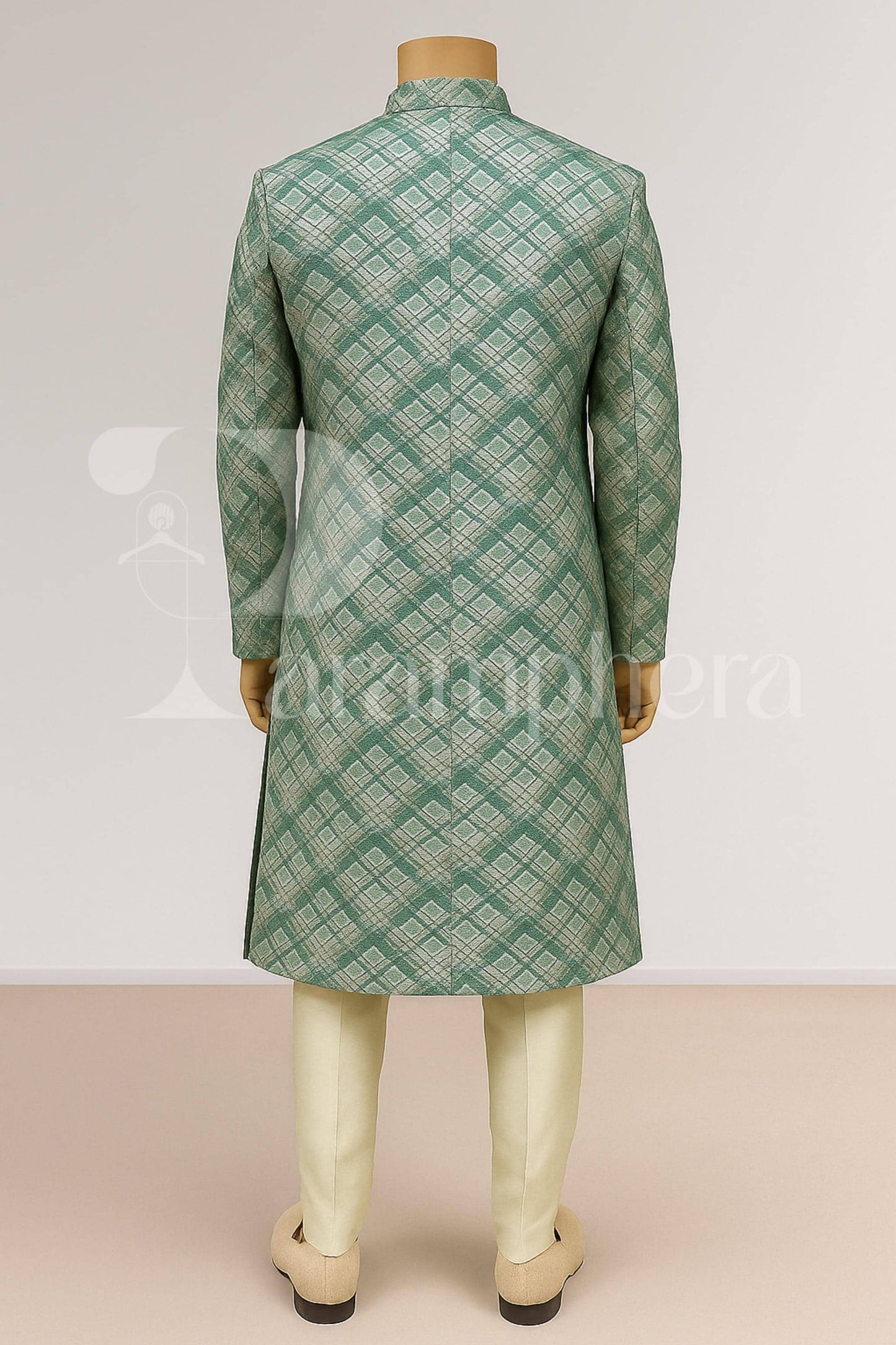 Elegant Green Check Sherwani for Men | Designer Indo Western Ethnic Outfit | Wedding Reception Party Wear