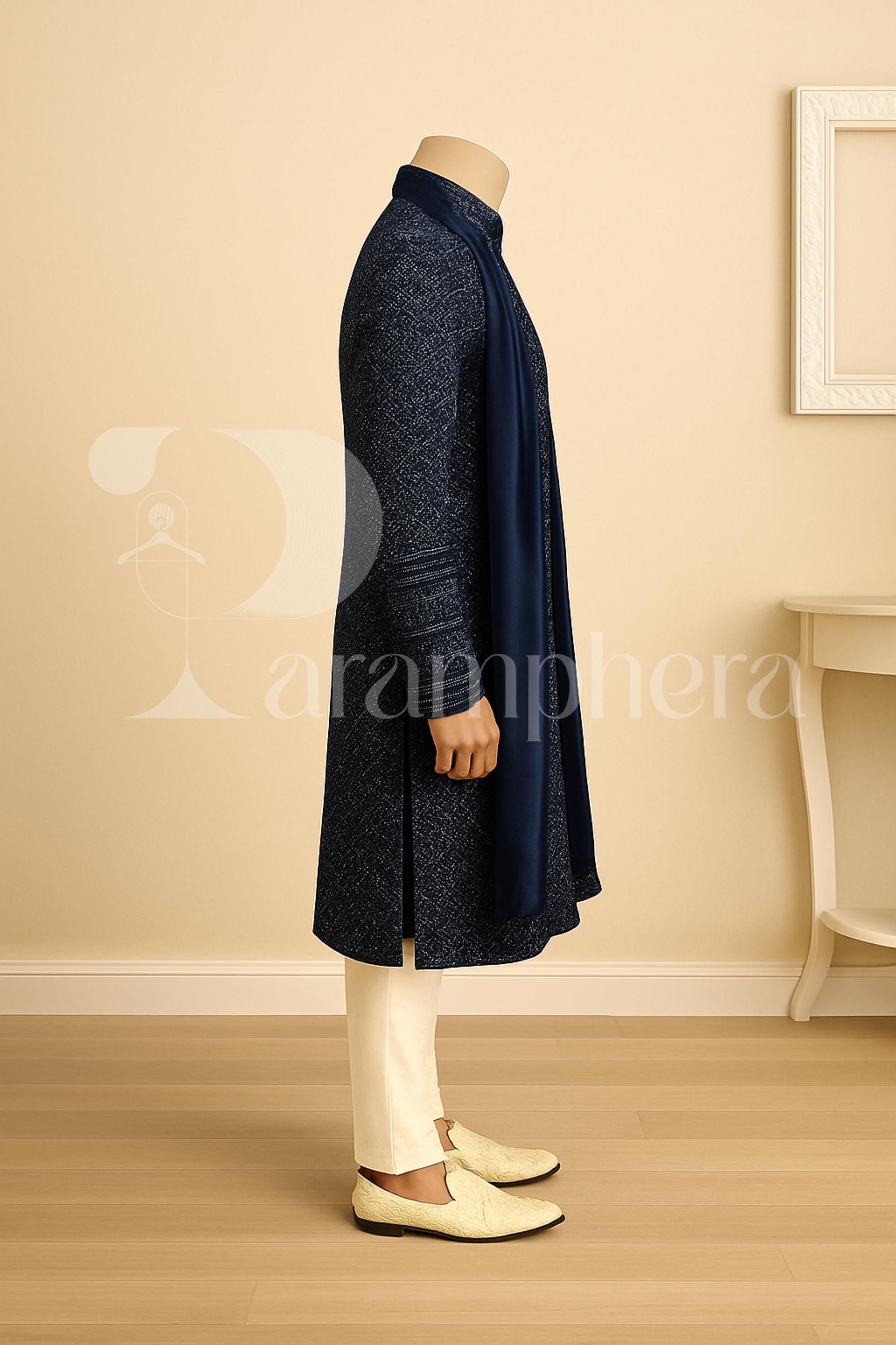Navy Blue Velvet Sherwani for Men with Embroidery | Indian Wedding Outfit | Groom Ethnic Wear | Off White Bottom Set
