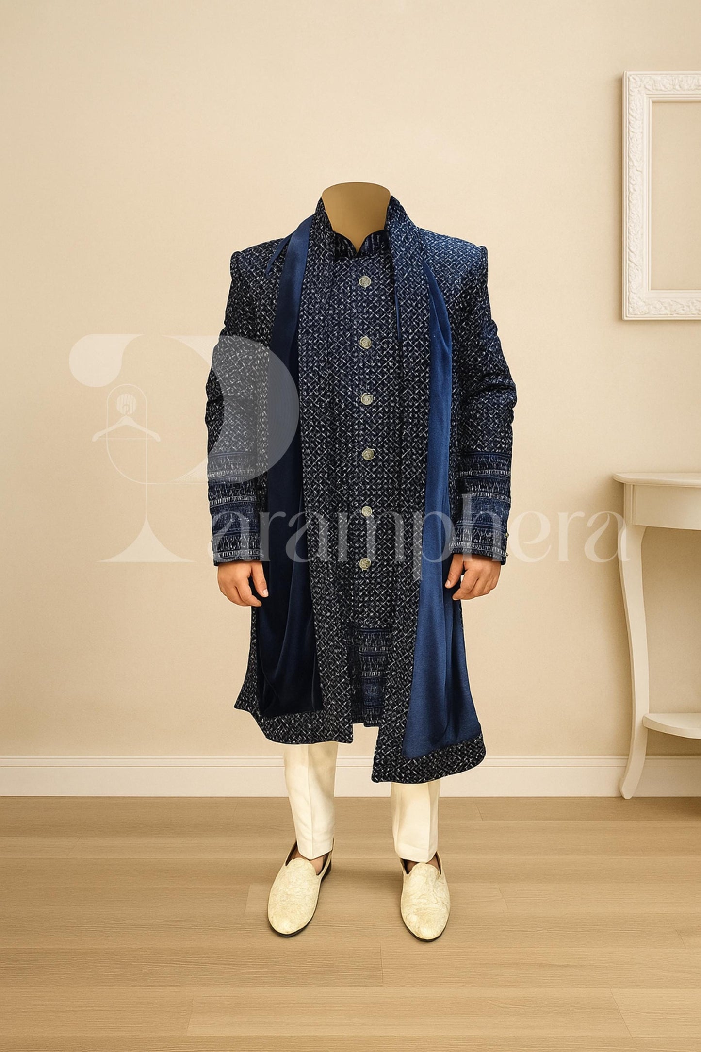Navy Blue Velvet Sherwani for Men with Embroidery | Indian Wedding Outfit | Groom Ethnic Wear | Off White Bottom Set