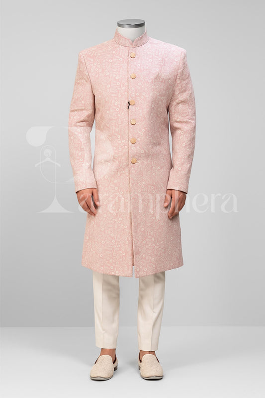 Pastel Pink Embroidered Sherwani for Men | Indian Wedding Groom Wear | Formal Ethnic Sherwani with Churidar Pants