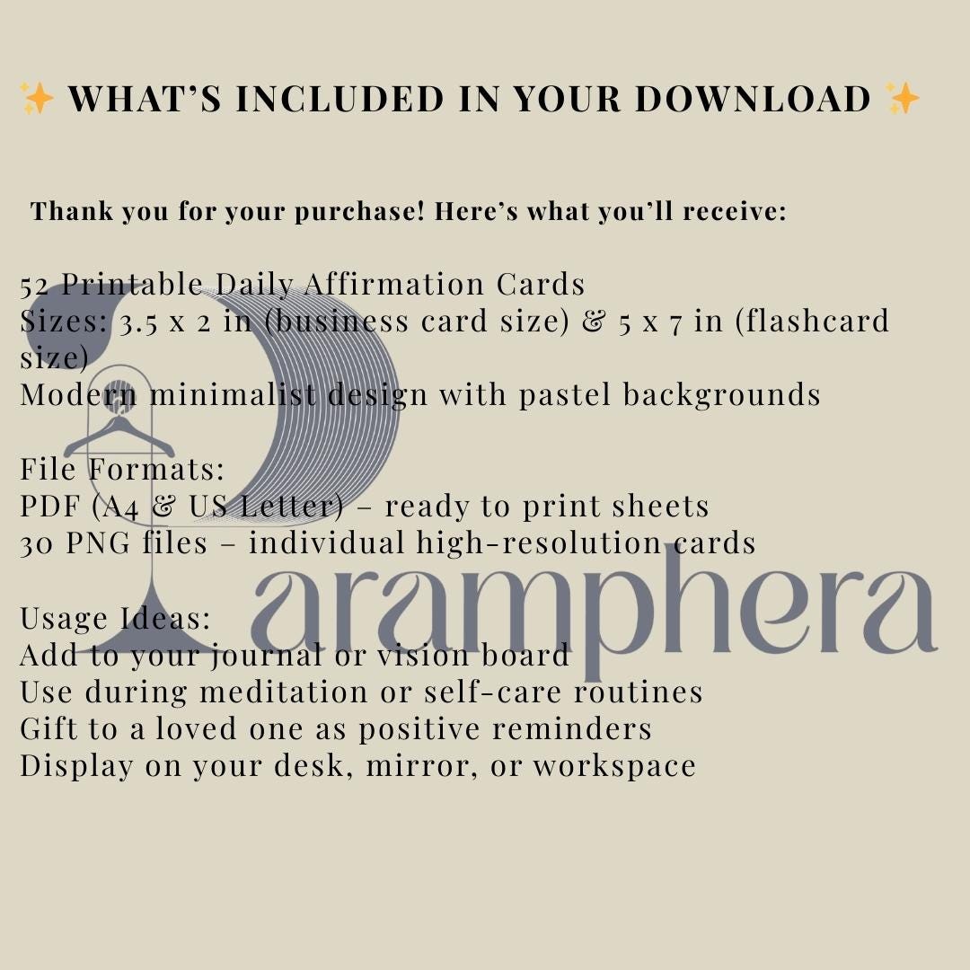 Printable Affirmation Cards | 52 Minimalist Self Care Quote Cards | Motivational Cards | Digital Download.