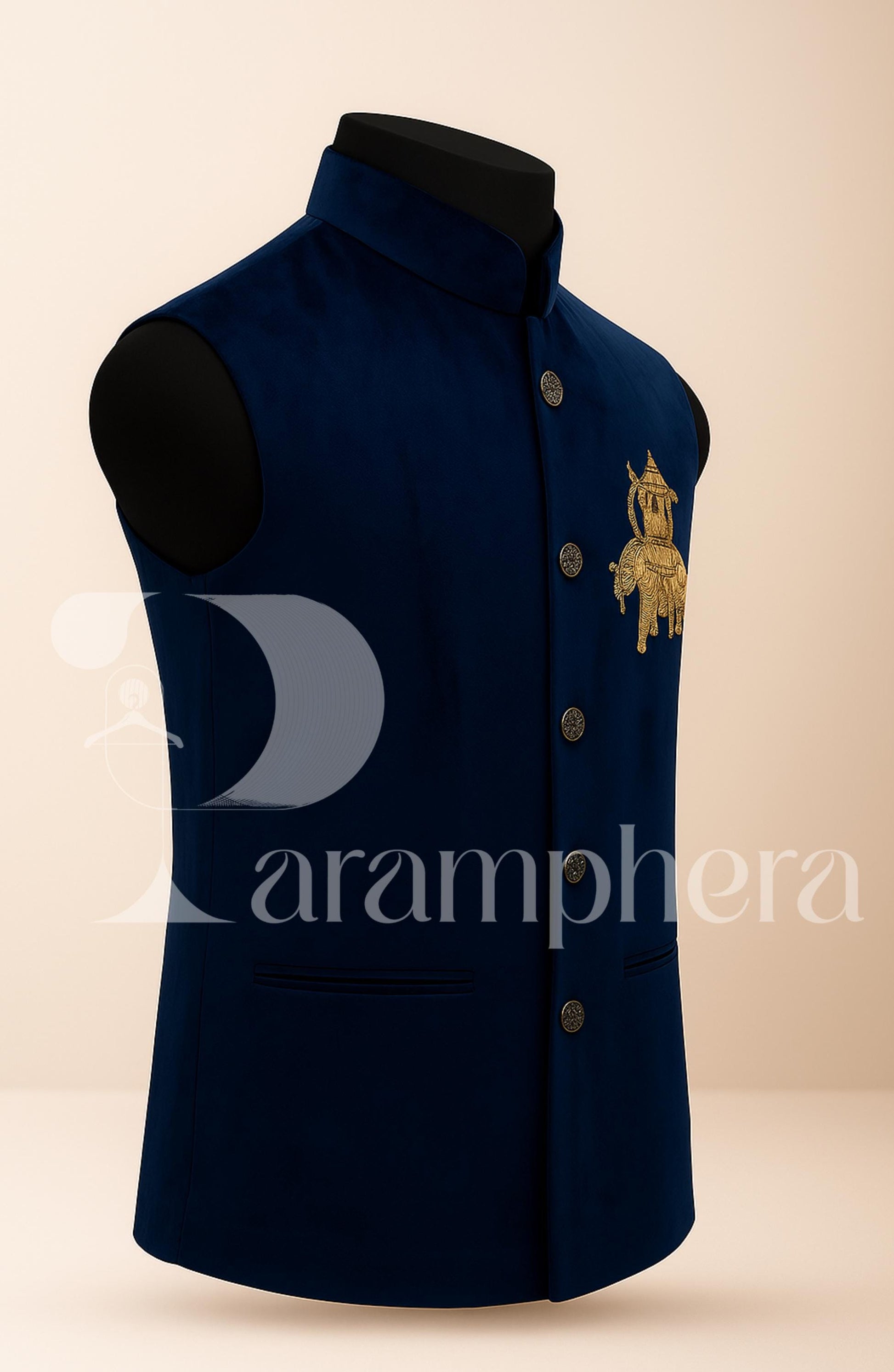 Royal Blue Velvet Nehru Jacket | Indian Modi Vest with Zardozi Elephant Embroidery | Men’s Wedding & Festive Ethnic Wear
