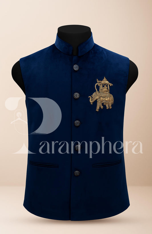 Royal Blue Velvet Nehru Jacket | Indian Modi Vest with Zardozi Elephant Embroidery | Men’s Wedding & Festive Ethnic Wear