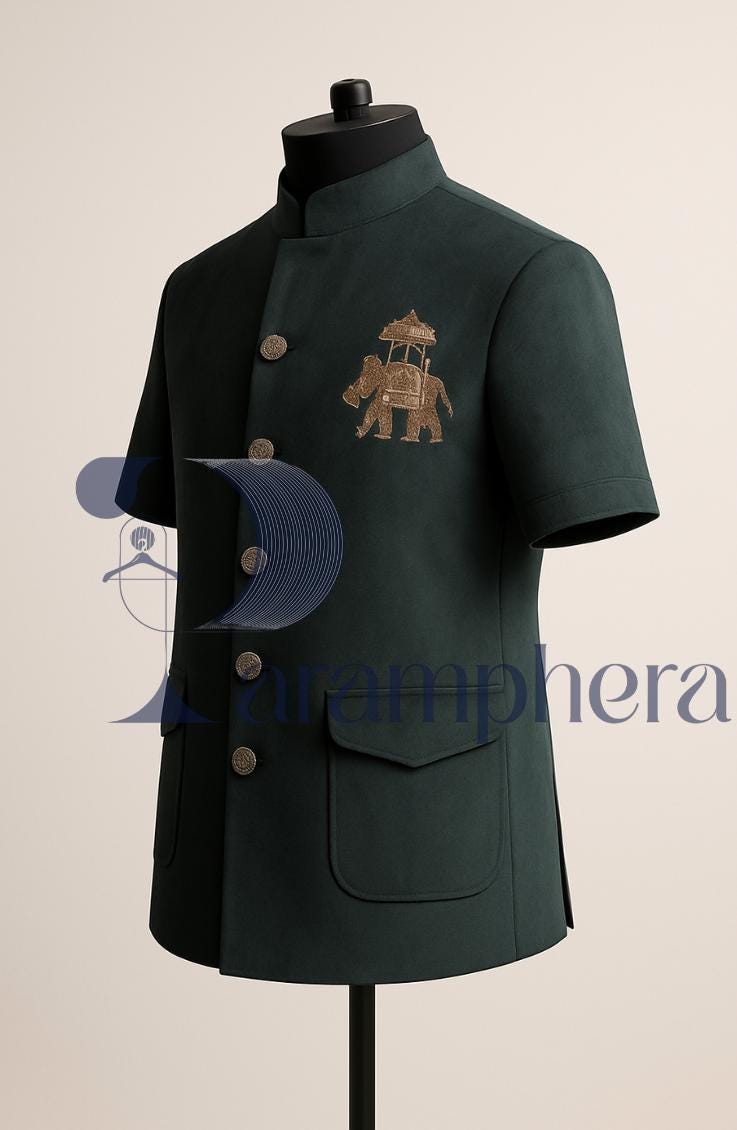 Luxury Men’s Velvet Short Coat with Zardozi Embroidery | Green Ethnic Nehru Coat | Indian Wedding & Festive Wear
