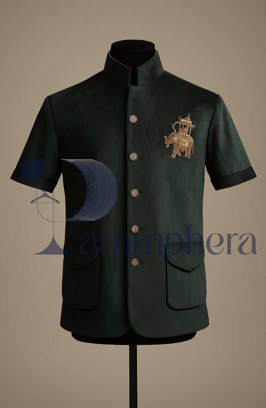Luxury Men’s Velvet Short Coat with Zardozi Embroidery | Green Ethnic Nehru Coat | Indian Wedding & Festive Wear