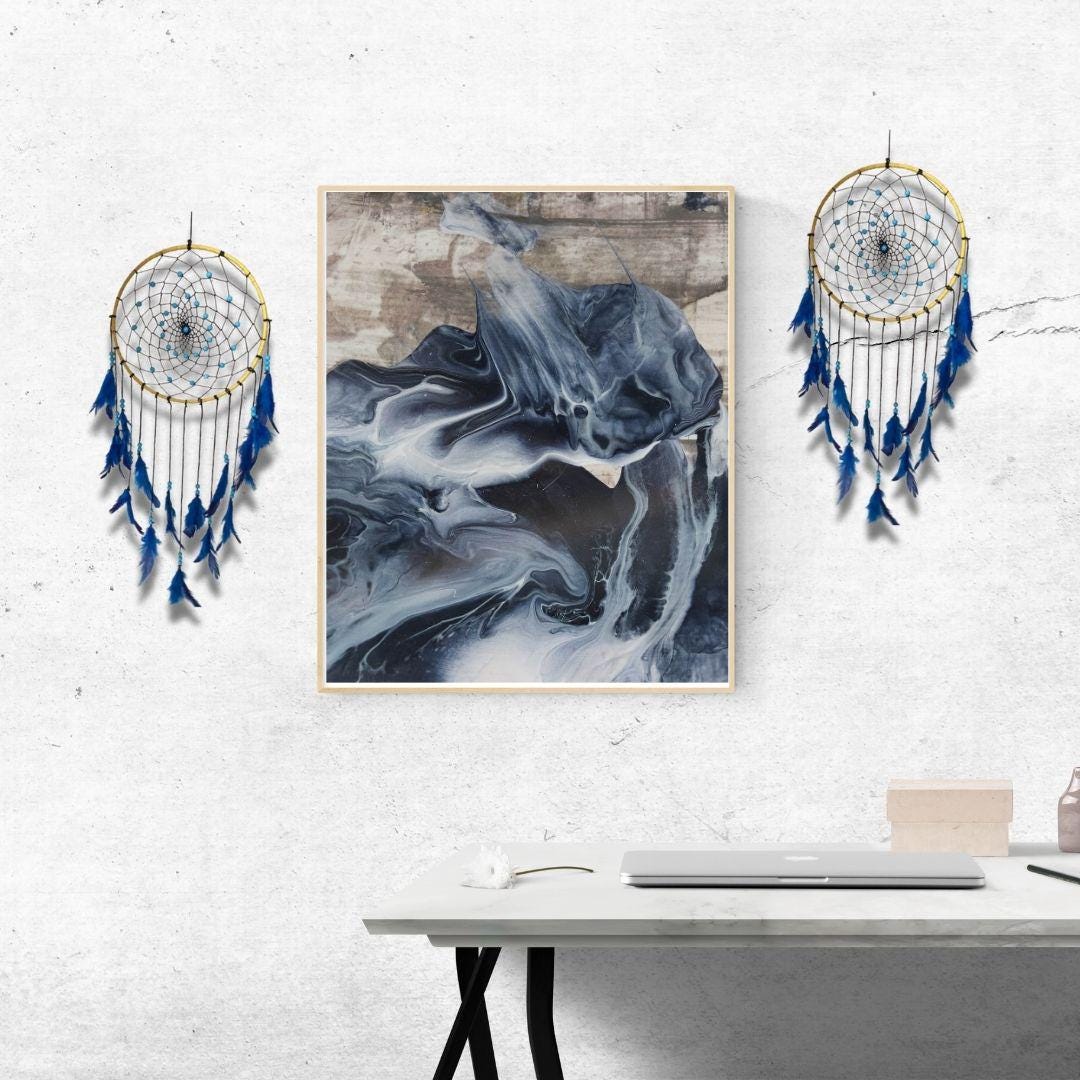 Blue Gold Handmade Dreamcatcher – Boho Wall Hanging Decor, Feather Dream Catcher for Bedroom, Nursery, Meditation & Gifts