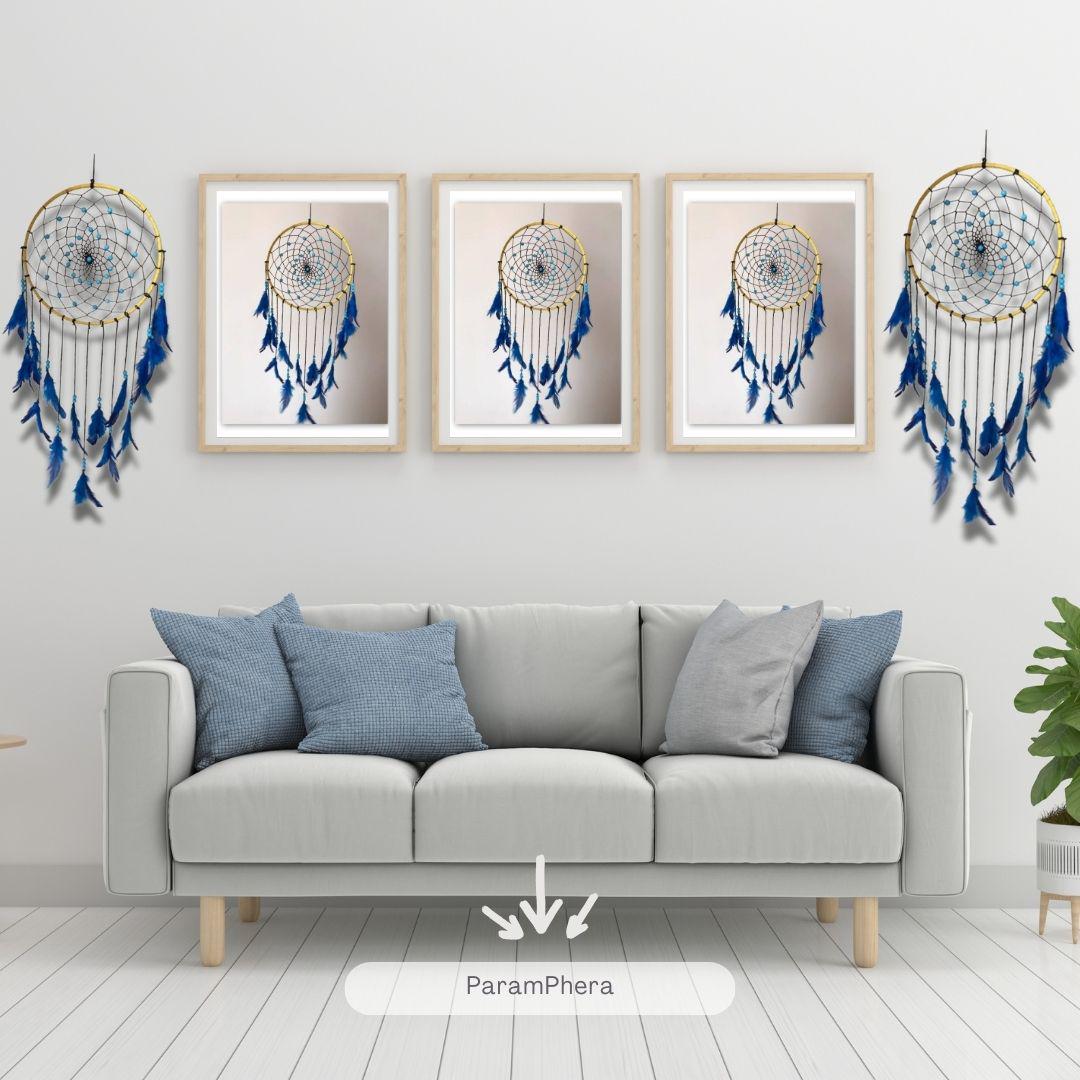 Blue Gold Handmade Dreamcatcher – Boho Wall Hanging Decor, Feather Dream Catcher for Bedroom, Nursery, Meditation & Gifts