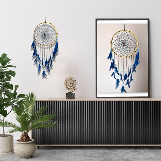 Blue Gold Handmade Dreamcatcher – Boho Wall Hanging Decor, Feather Dream Catcher for Bedroom, Nursery, Meditation & Gifts