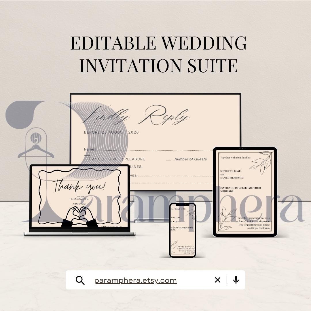 Editable Wedding Invitation Suite Canva Template | Minimalist Wedding Invite, RSVP, Details & Thank You Card