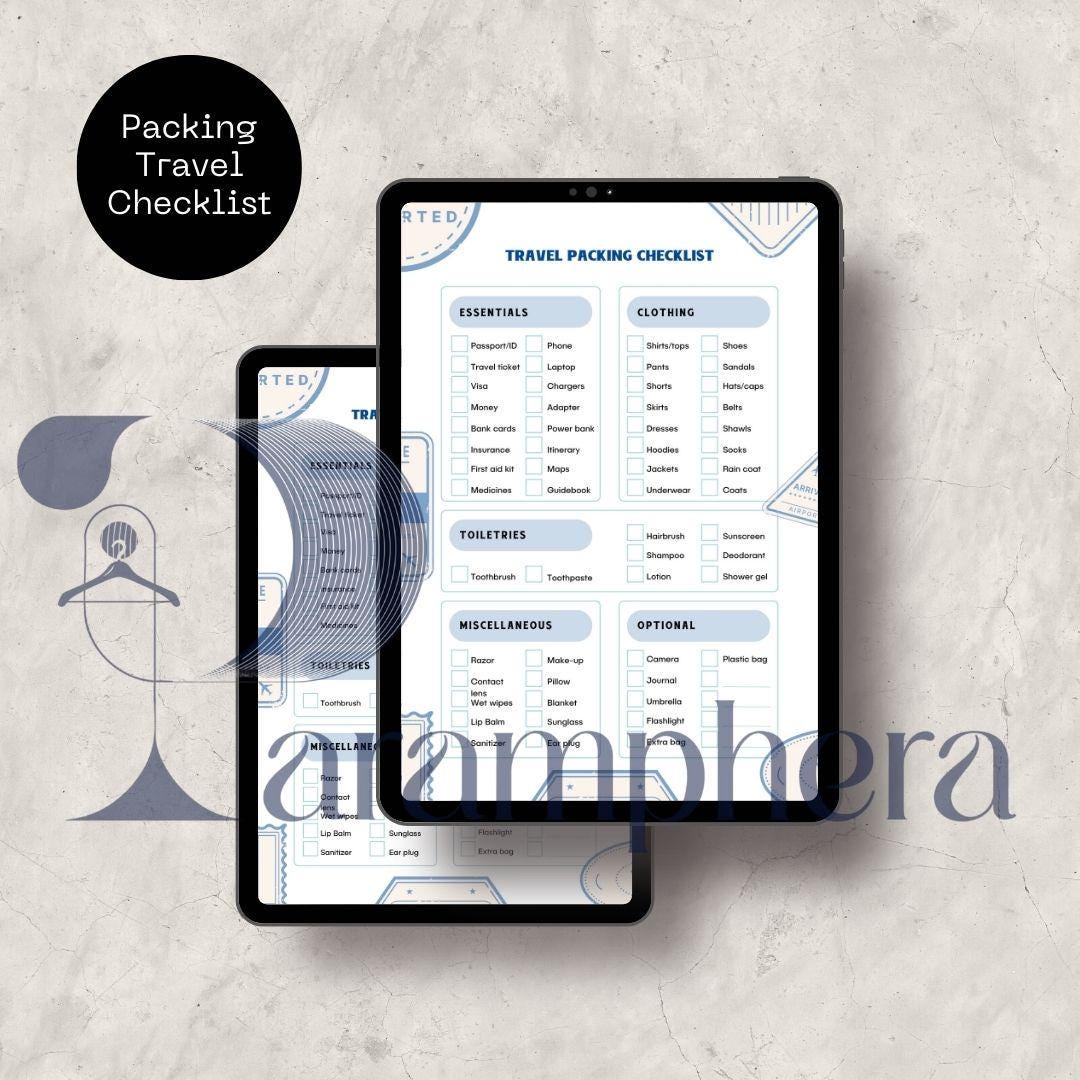 Travel & Packing Checklist, Printable PDF, Vacation Planner, Trip Organizer, Instant Download