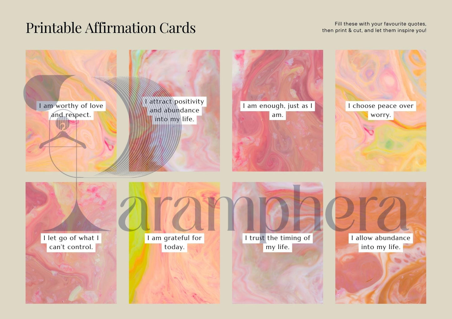 Printable Affirmation Cards | 52 Minimalist Self Care Quote Cards | Motivational Cards | Digital Download.
