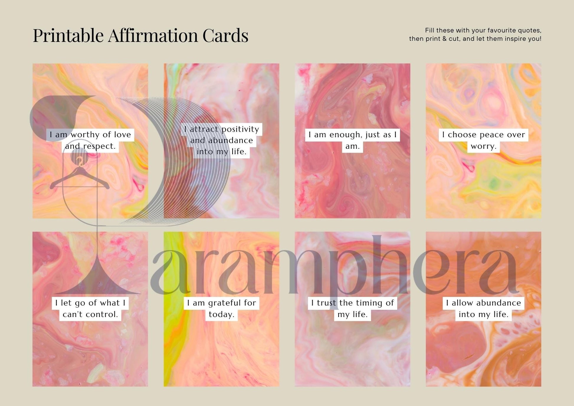 Printable Affirmation Cards | 52 Minimalist Self Care Quote Cards | Motivational Cards | Digital Download.