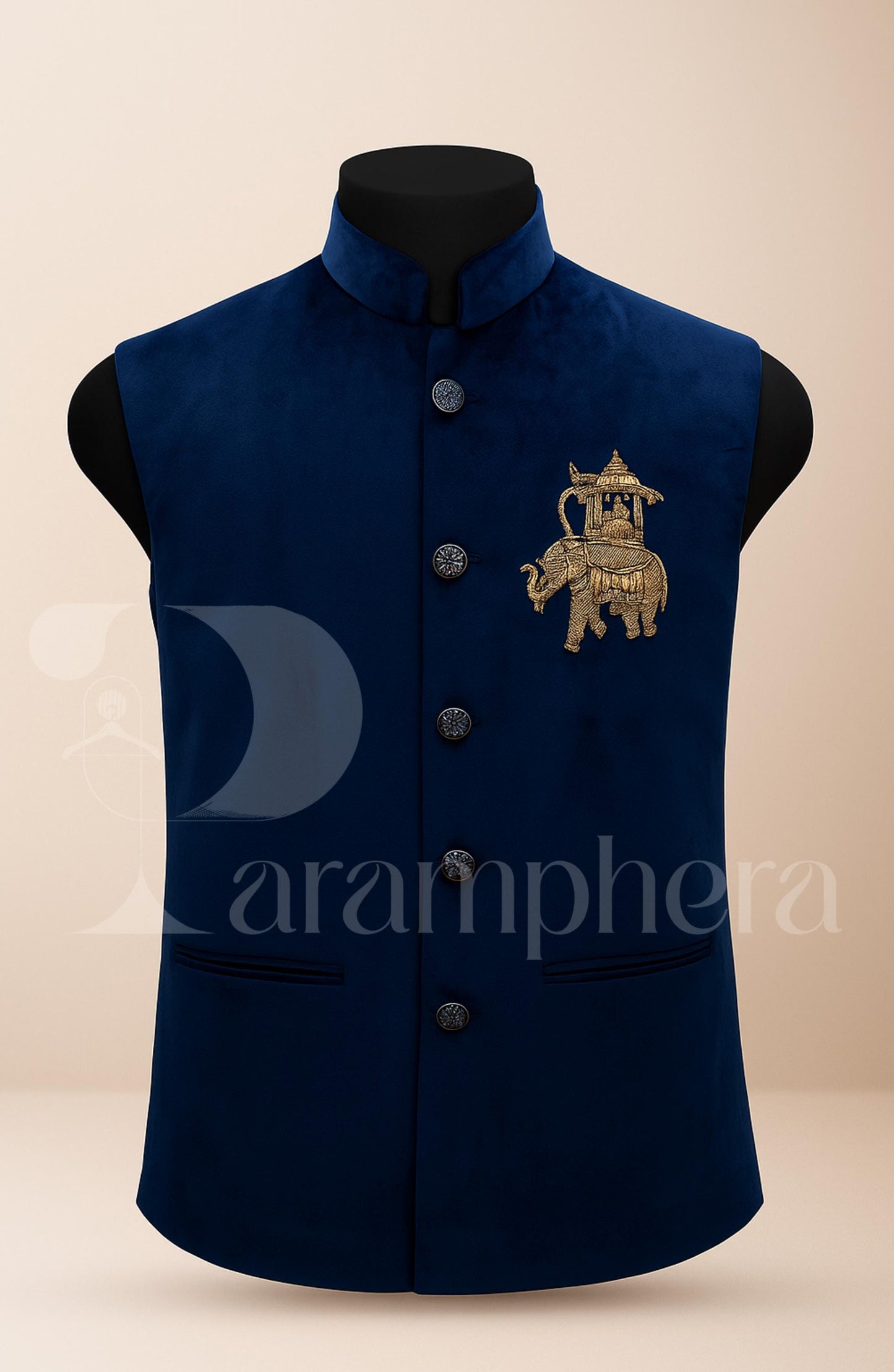 Royal Blue Velvet Nehru Jacket | Indian Modi Vest with Zardozi Elephant Embroidery | Men’s Wedding & Festive Ethnic Wear