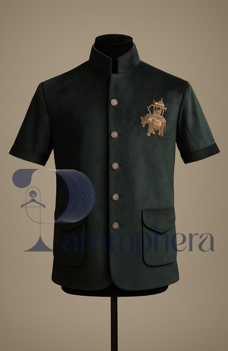 Luxury Men’s Velvet Short Coat with Zardozi Embroidery | Green Ethnic Nehru Coat | Indian Wedding & Festive Wear
