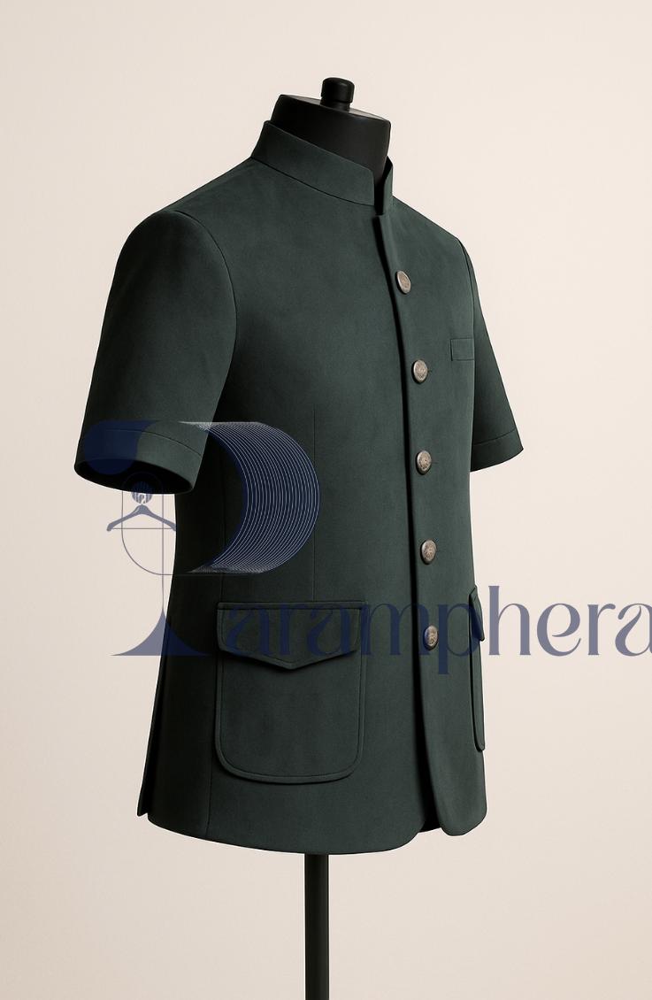 Luxury Men’s Velvet Short Coat with Zardozi Embroidery | Green Ethnic Nehru Coat | Indian Wedding & Festive Wear