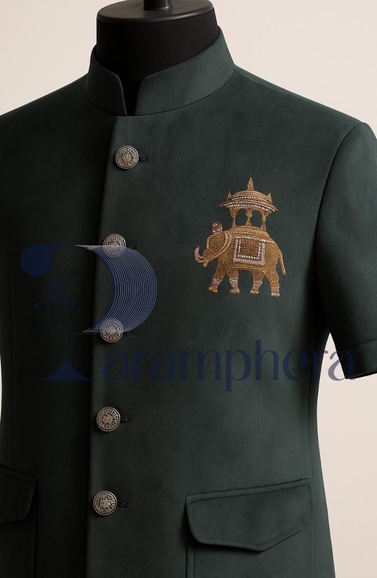 Luxury Men’s Velvet Short Coat with Zardozi Embroidery | Green Ethnic Nehru Coat | Indian Wedding & Festive Wear
