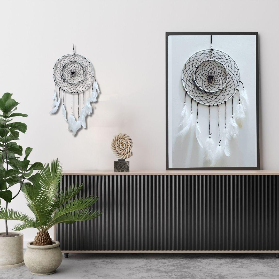 Handmade White Feather Dreamcatcher Wall Hanging | Boho Bedroom & Home Decor | Large Dream Catcher Gift for Positive Energy.