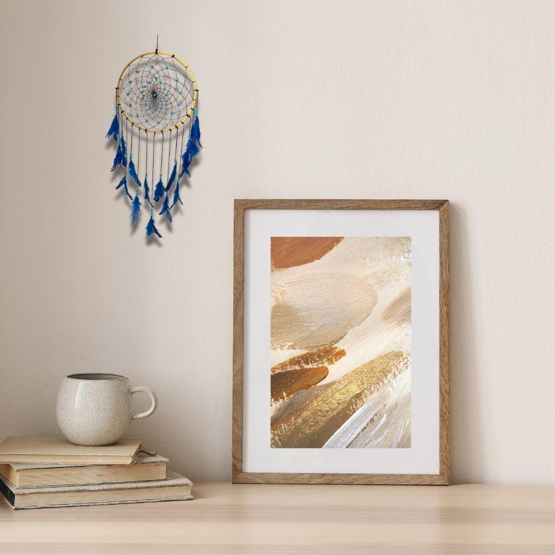 Blue Gold Handmade Dreamcatcher – Boho Wall Hanging Decor, Feather Dream Catcher for Bedroom, Nursery, Meditation & Gifts