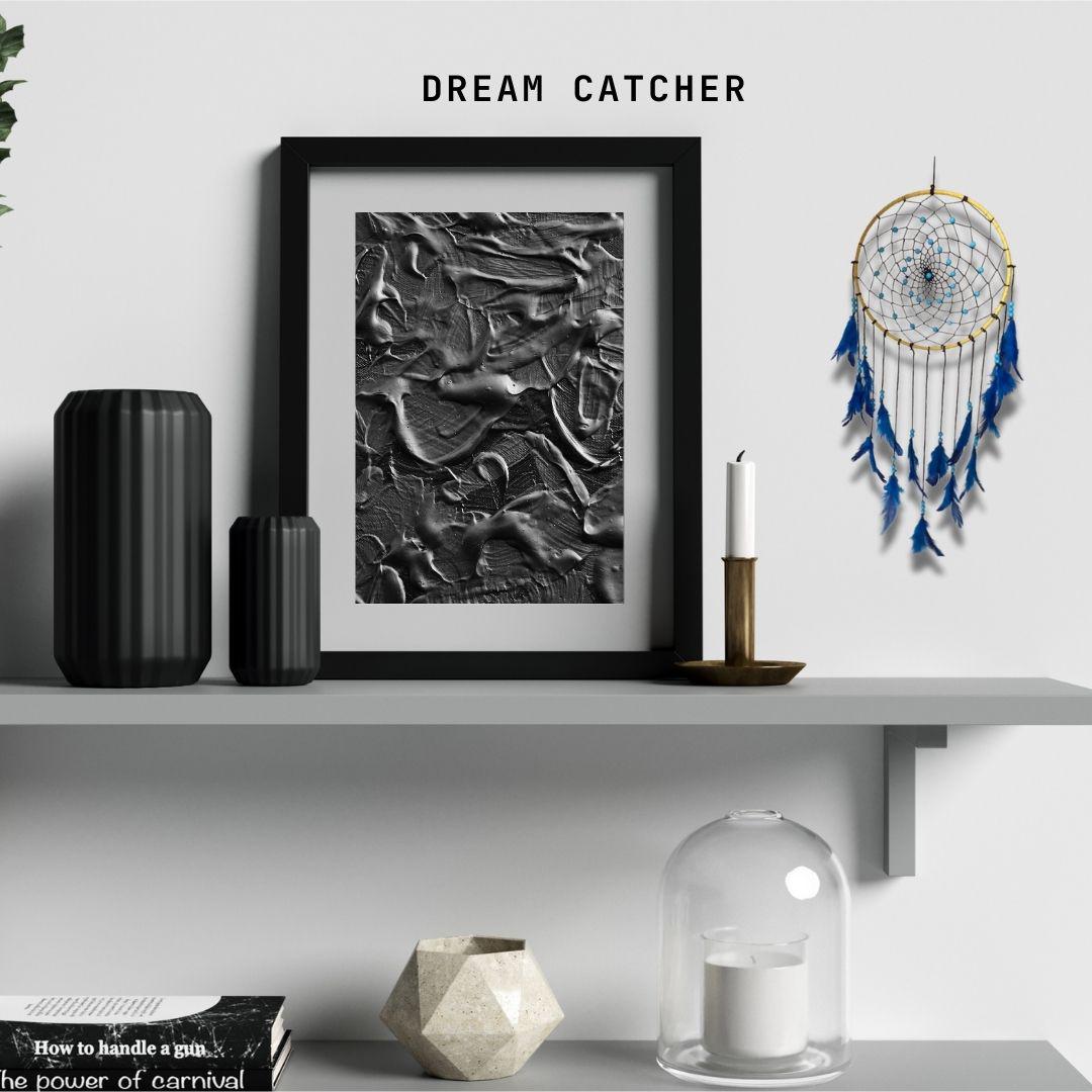 Blue Gold Handmade Dreamcatcher – Boho Wall Hanging Decor, Feather Dream Catcher for Bedroom, Nursery, Meditation & Gifts