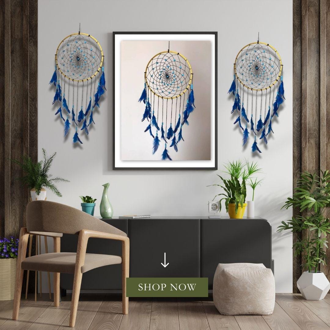 Blue Gold Handmade Dreamcatcher – Boho Wall Hanging Decor, Feather Dream Catcher for Bedroom, Nursery, Meditation & Gifts
