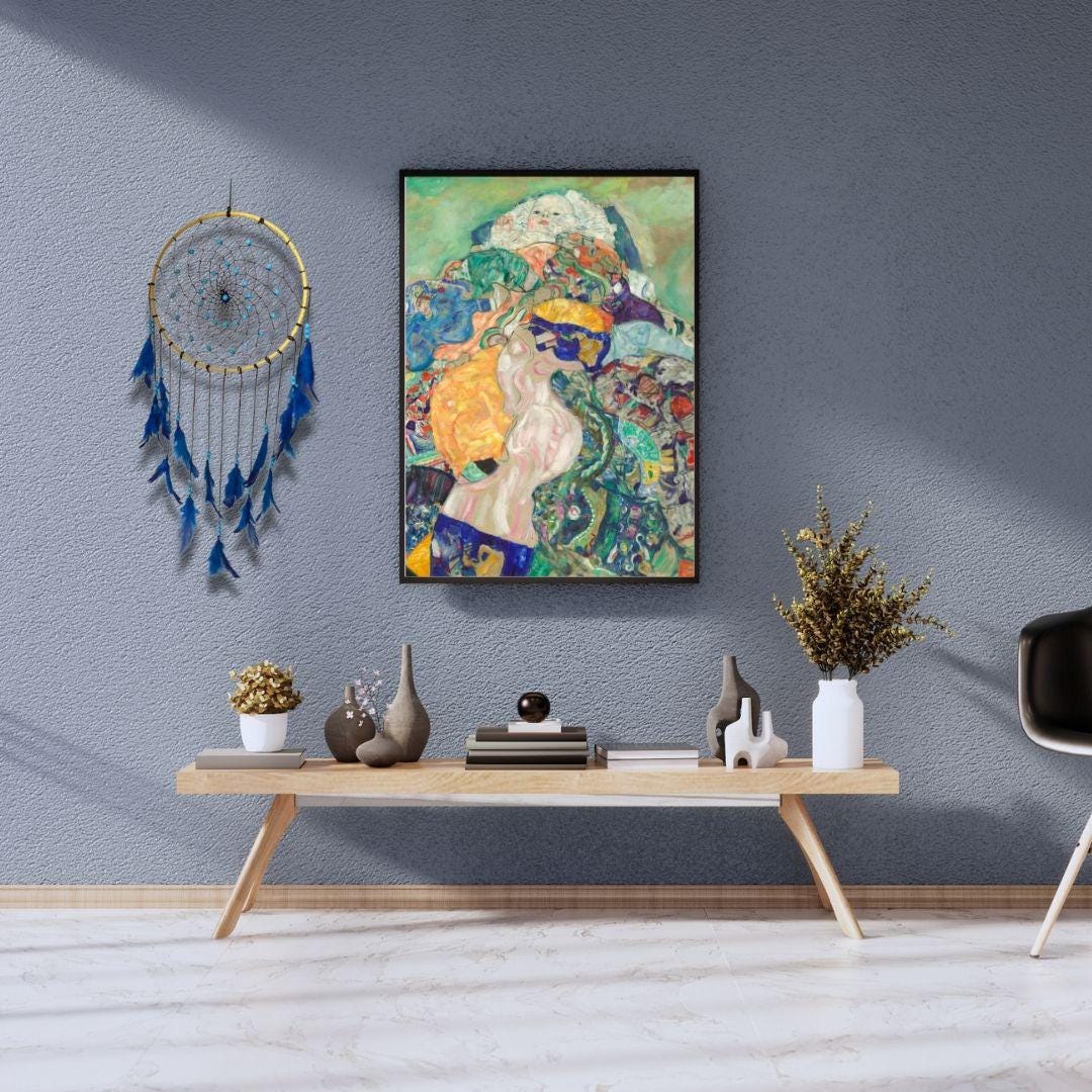 Blue Gold Handmade Dreamcatcher – Boho Wall Hanging Decor, Feather Dream Catcher for Bedroom, Nursery, Meditation & Gifts