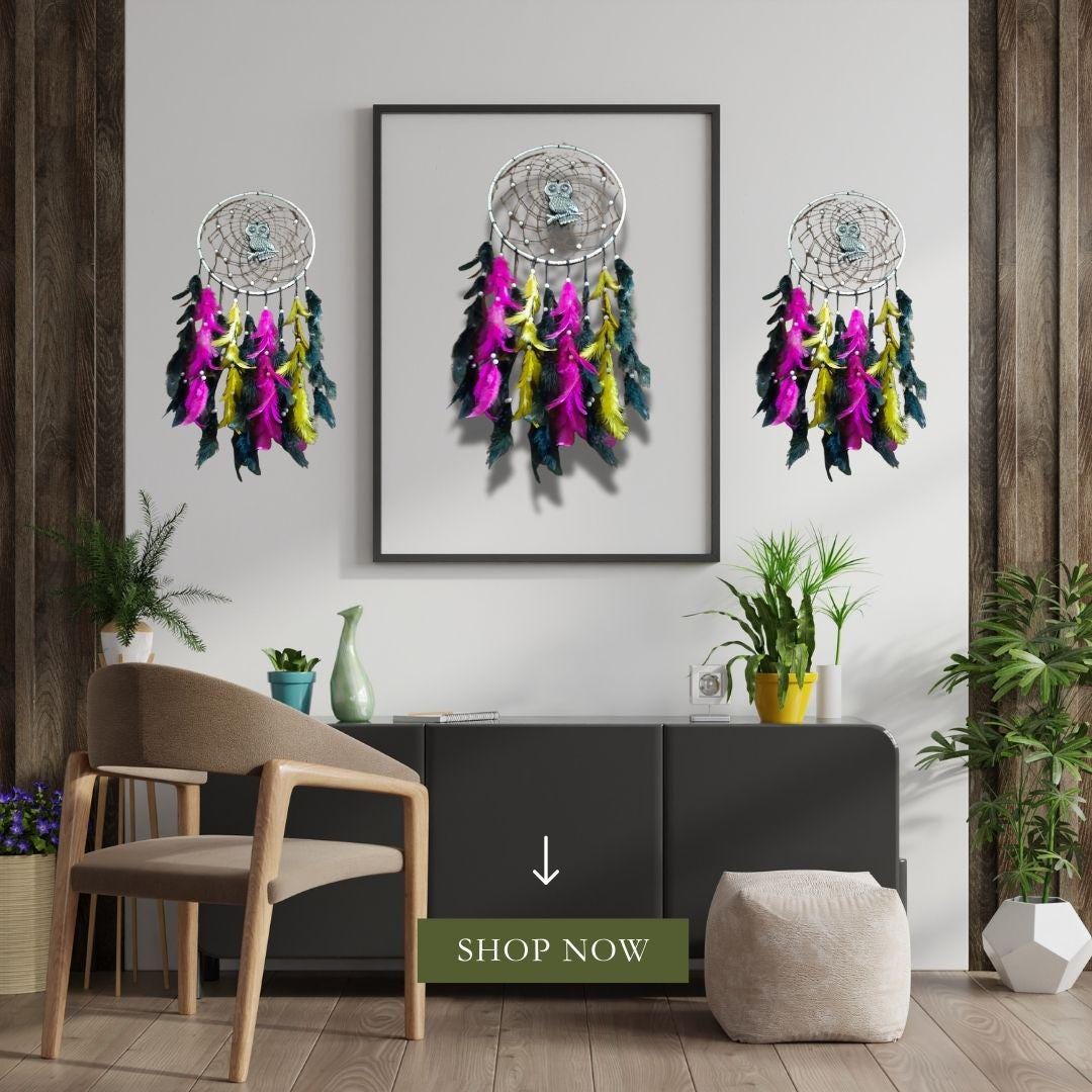 Set of 5 Handmade Owl Dreamcatchers with Feathers | Boho Wall Hanging Decor | Dream Catcher Gift for Home & Bedroom Decoration