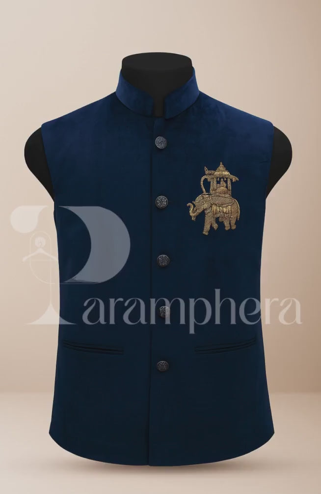 Royal Blue Velvet Nehru Jacket | Indian Modi Vest with Zardozi Elephant Embroidery | Men’s Wedding & Festive Ethnic Wear