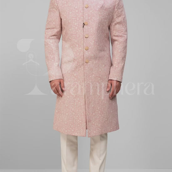Pastel Pink Embroidered Sherwani for Men | Indian Wedding Groom Wear | Formal Ethnic Sherwani with Churidar Pants