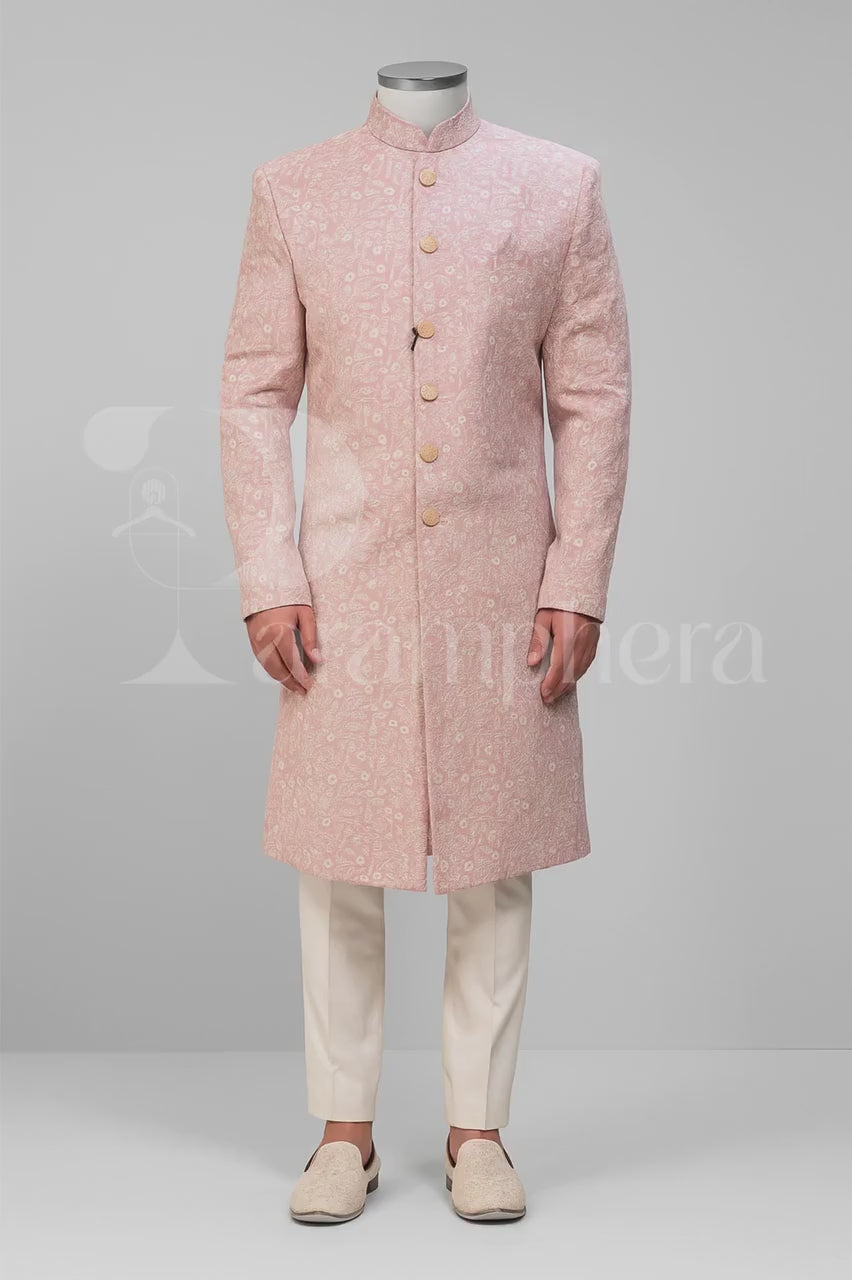 Pastel Pink Embroidered Sherwani for Men | Indian Wedding Groom Wear | Formal Ethnic Sherwani with Churidar Pants