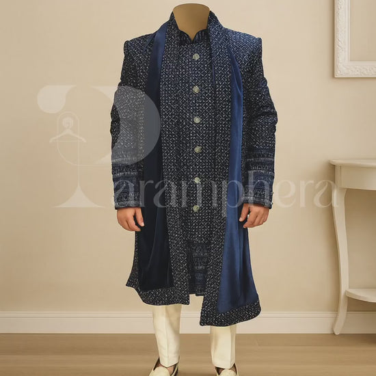 Navy Blue Velvet Sherwani for Men with Embroidery | Indian Wedding Outfit | Groom Ethnic Wear | Off White Bottom Set
