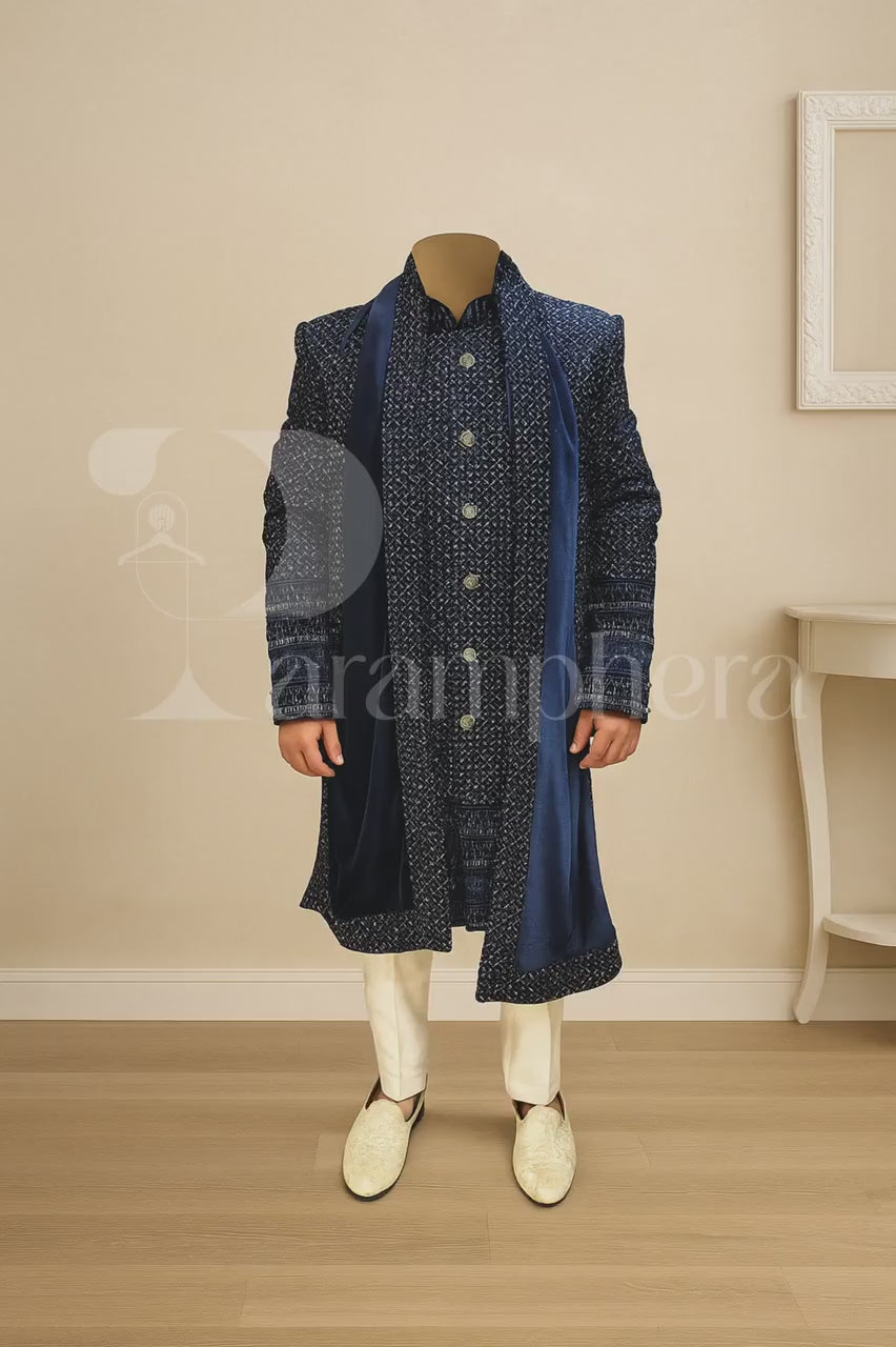 Navy Blue Velvet Sherwani for Men with Embroidery | Indian Wedding Outfit | Groom Ethnic Wear | Off White Bottom Set