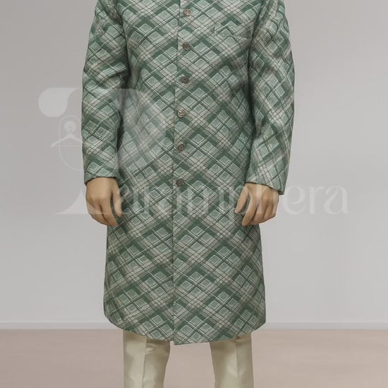 Elegant Green Check Sherwani for Men | Designer Indo Western Ethnic Outfit | Wedding Reception Party Wear
