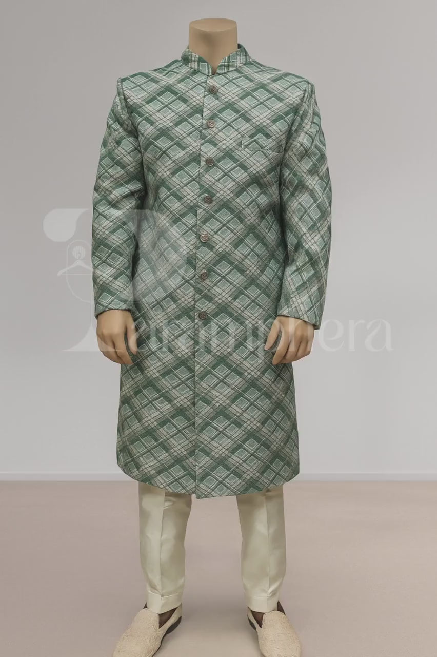 Elegant Green Check Sherwani for Men | Designer Indo Western Ethnic Outfit | Wedding Reception Party Wear