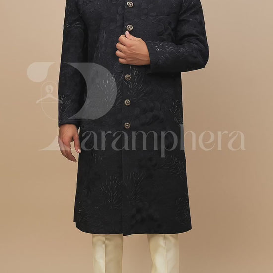 Men’s Dark Blue Indo Western Sherwani | Floral Jacquard Ethnic Long Coat | Indian Wedding Groom Outfit for Reception, Sangeet