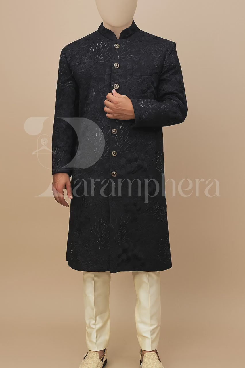 Men’s Dark Blue Indo Western Sherwani | Floral Jacquard Ethnic Long Coat | Indian Wedding Groom Outfit for Reception, Sangeet